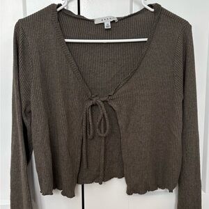 Gaze Ribbed Olive Tie-Front Crop Top